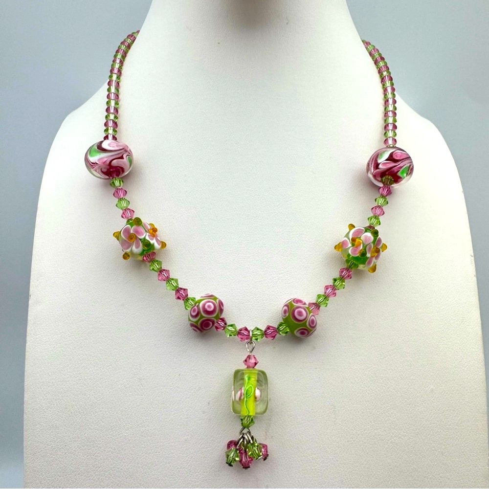Artisan Lampwork Glass Necklace Pink Green Floral Beads Sterling Clasp